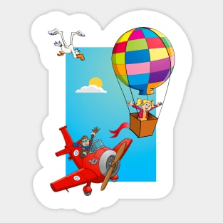 Cartoon style drawing of a girl in a balloon and a red airplane. Sticker